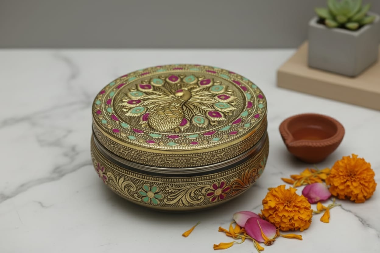 Meenakari peacock design shown on a wooden table with foliage