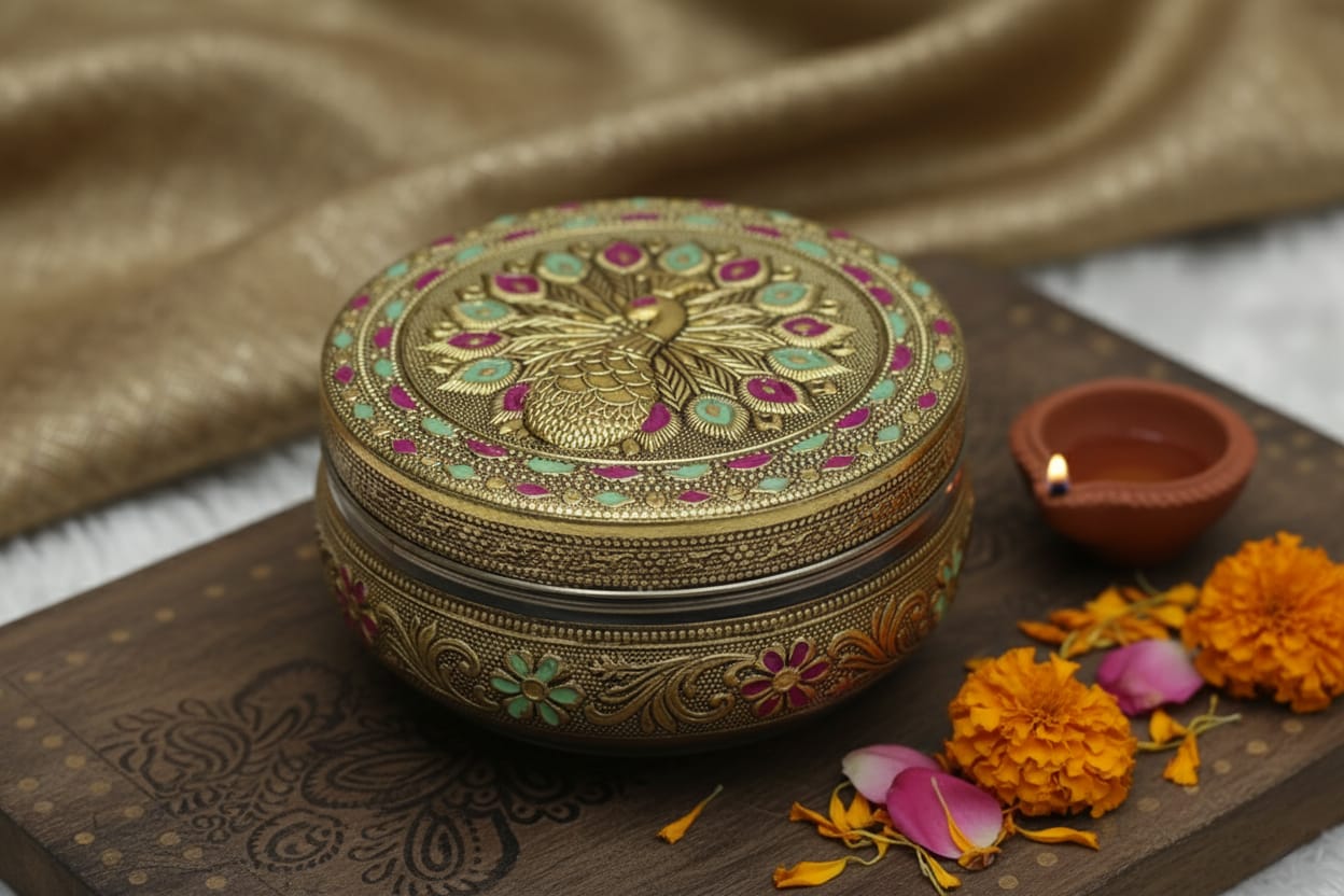 Artistic product shot of a Meenakari peacock artifact