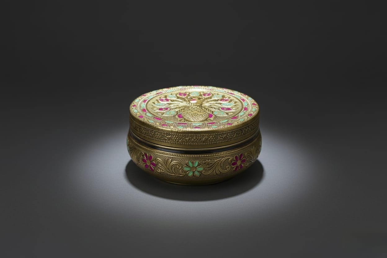 Close-up of the Meenakari peacock on a textured surface