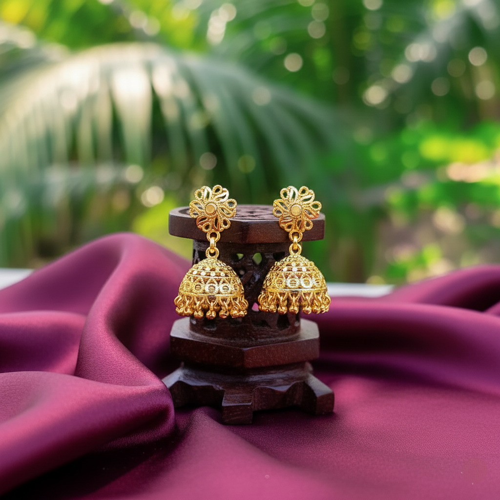 Indian earrings displayed on a marble surface with flowers