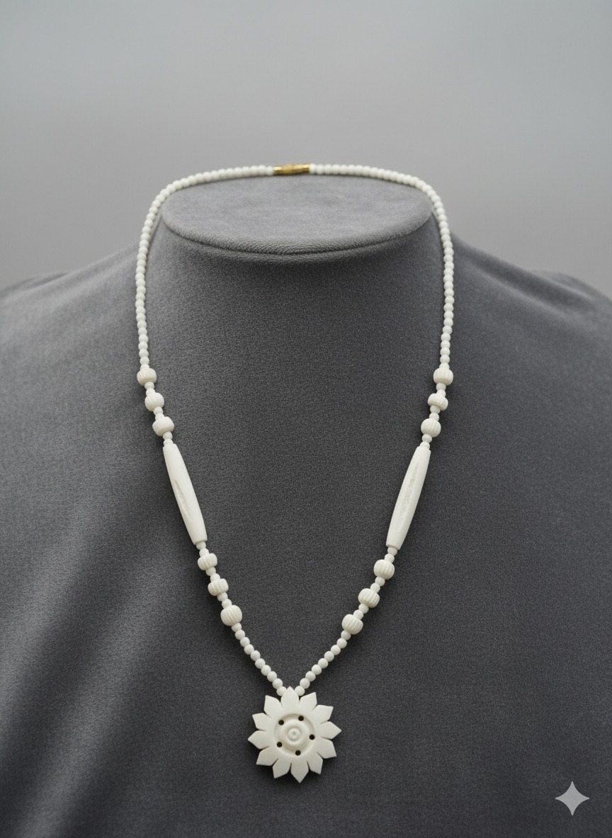 AI product photography of a stone necklace on a dark background