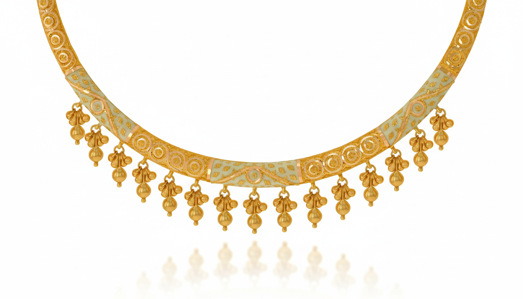 AI generated image of a gold necklace on a mannequin
