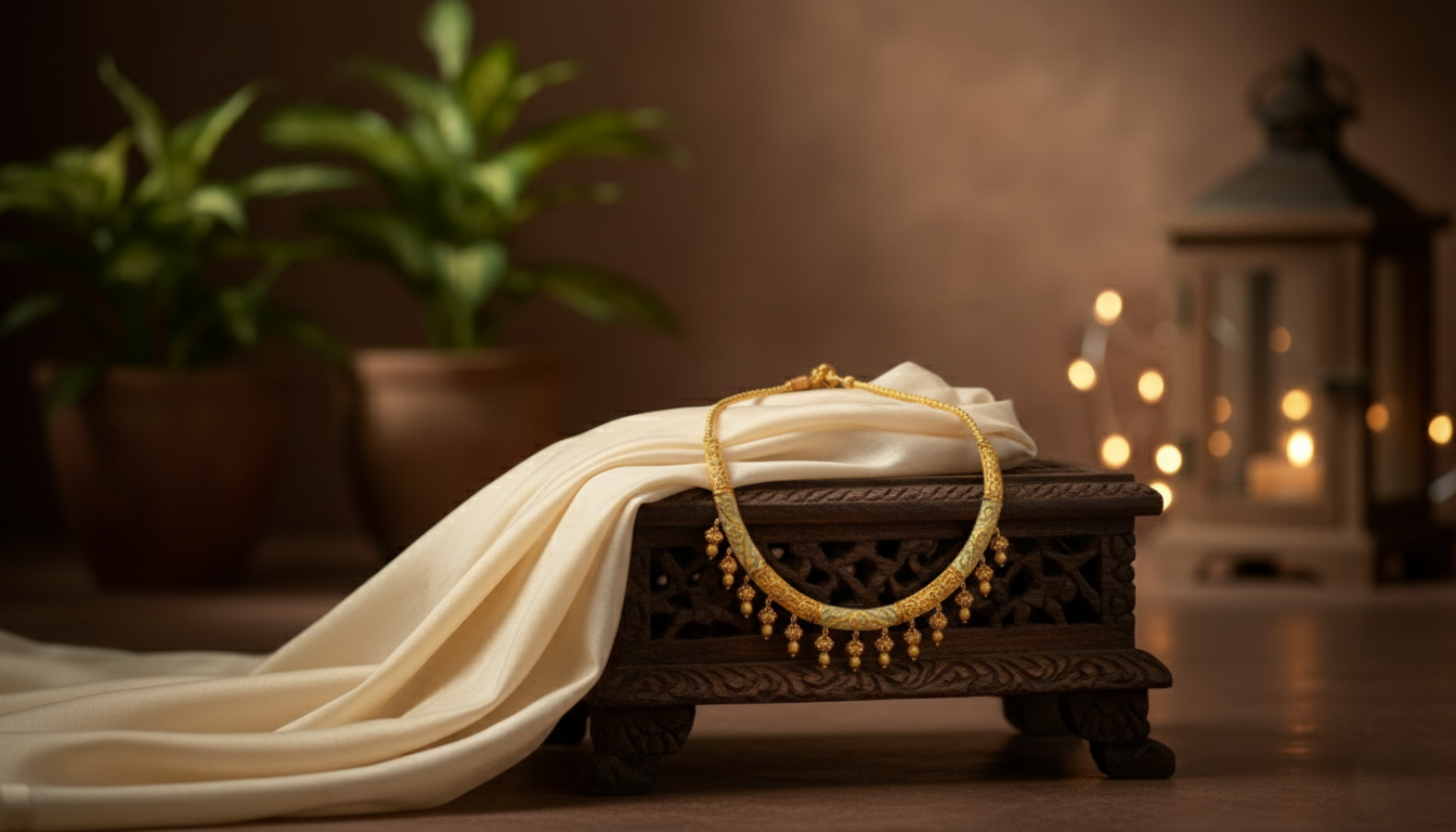 Gold necklace displayed on a black podium